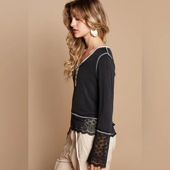 POL Black Henley Top Lace Sleeves - Picture 3 of 5